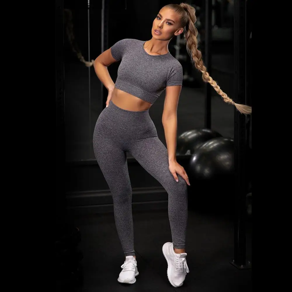 

seamless Gym sport Sets Women short Sleeve Crop top Workout Yoga Outfits High Waist Push Up Leggings Women Fitness clothing