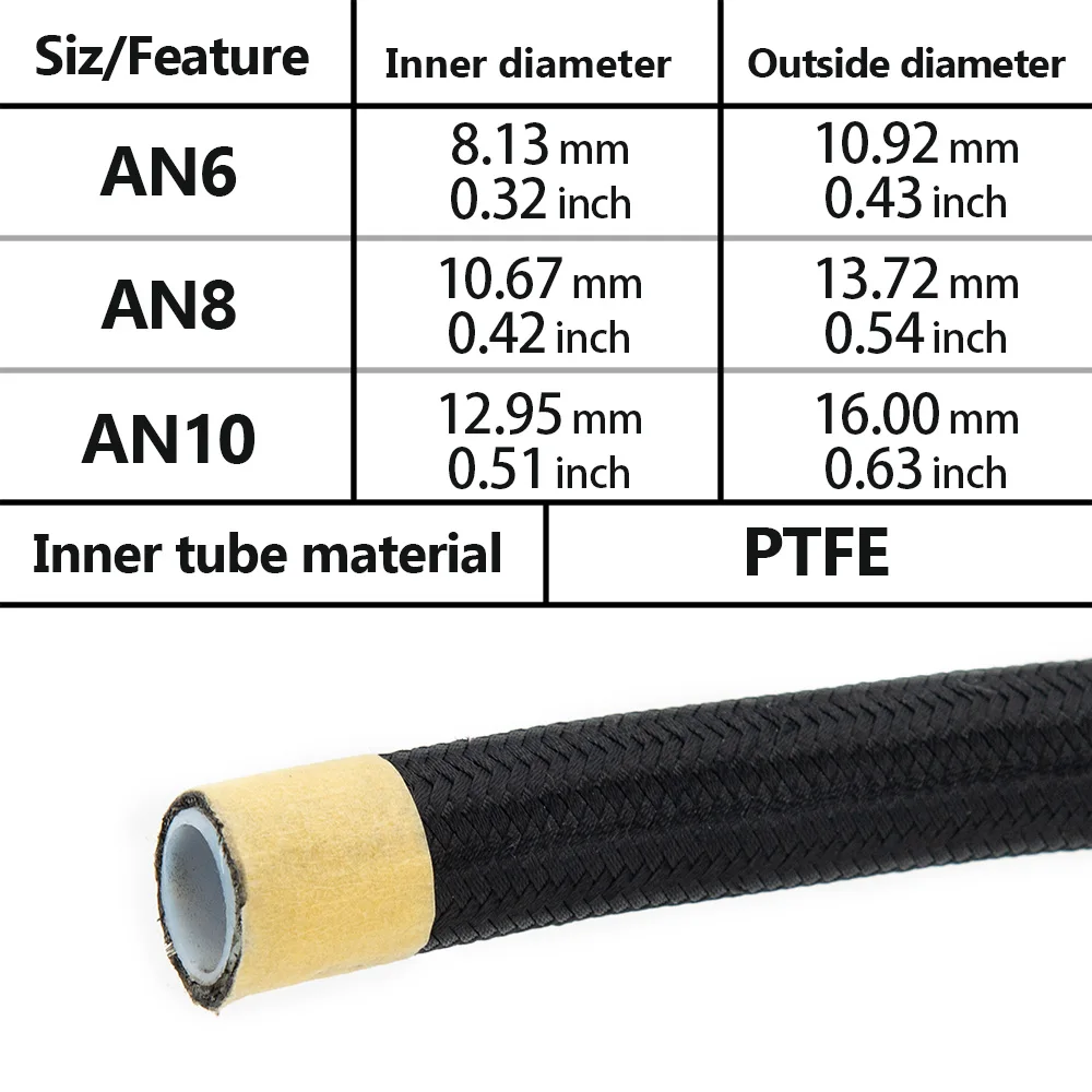 Universal 1M Braided AN6 AN8 AN10 PTFE E85 Fuel Hose Oil Gas Cooler Hose Line Pipe Tube Outside 304 Stainless Steel Braided Insi fuel hose