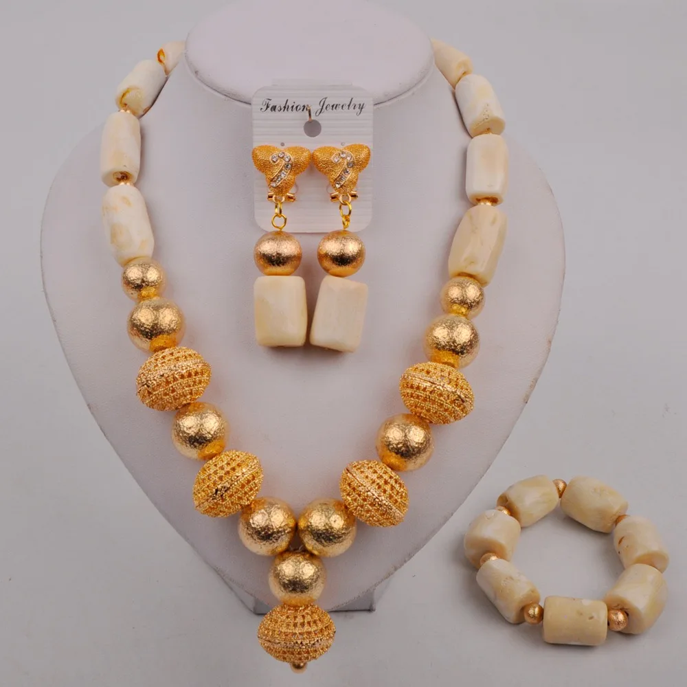 

White Coral Beads Jewelry Sets Women Indian African Jewelry Set Nigeria Wedding Jewellery For Brides Dubai Gold Jewelry Sets