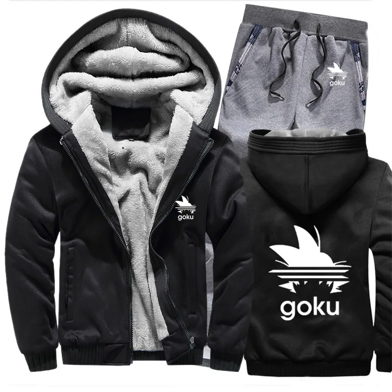Winter Fleece Thicken Tracksuit Anime Dragon Ball Z Goku Cartoon Print Hoodies Men Suit Warm Sweatshirts Jacket+Pants 2Pcs Sets | Мужская
