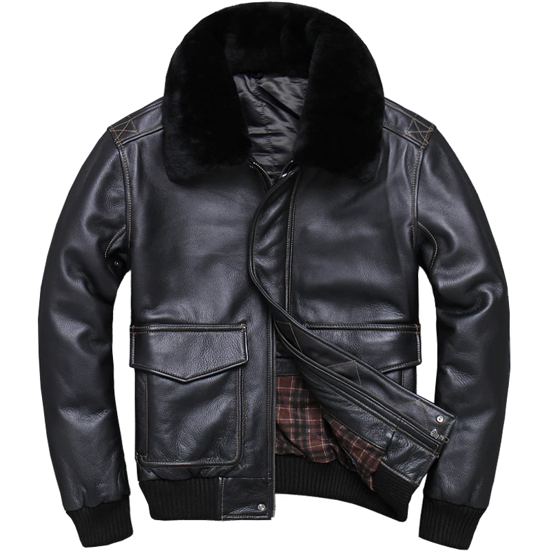 Черная мужская кожаная куртка пилота USAF, европейский размер XXL, шерстяное пальто с воротником из натуральной толстой воловьей кожи для русской зимы, пальто авиатора в стиле милитари - Цвет: Black