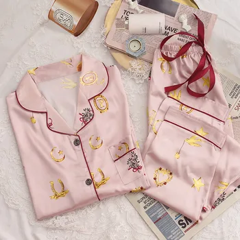 

HaloSweet Slik Sleepwear Women Full Turn-down Collar Autumn Pajama Sets Long Sleeves With Pants Two Pieces Pajamas Pyjama Femme