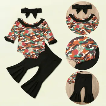 

CANIS Autumn Infant Baby Girls Long Sleeve Floral Printed Bodysuit Bell-bottoms Pants Headband Outfits Clothes