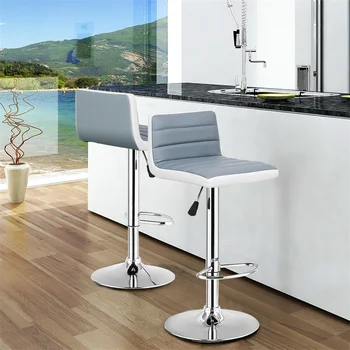 

High Quality Set of 2 Adjustable Gray PU Leather Bar Stools Comfortable Height Adjustable Swivel 360 Degrees Chairs HW54929