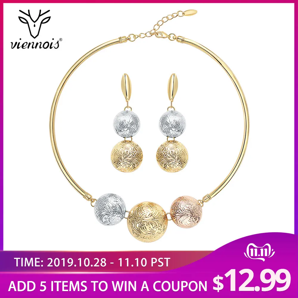 

Viennois Fashion Gold Color Dangle Earrings Pendent Choker Necklace Jewelry Set For Women Metal Party Jewelry Set