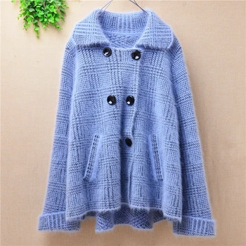 

Youth fashion women sweater turn-down collar rabbit hair knitted mink cashmere cardigans Plaid texture top women overcoats