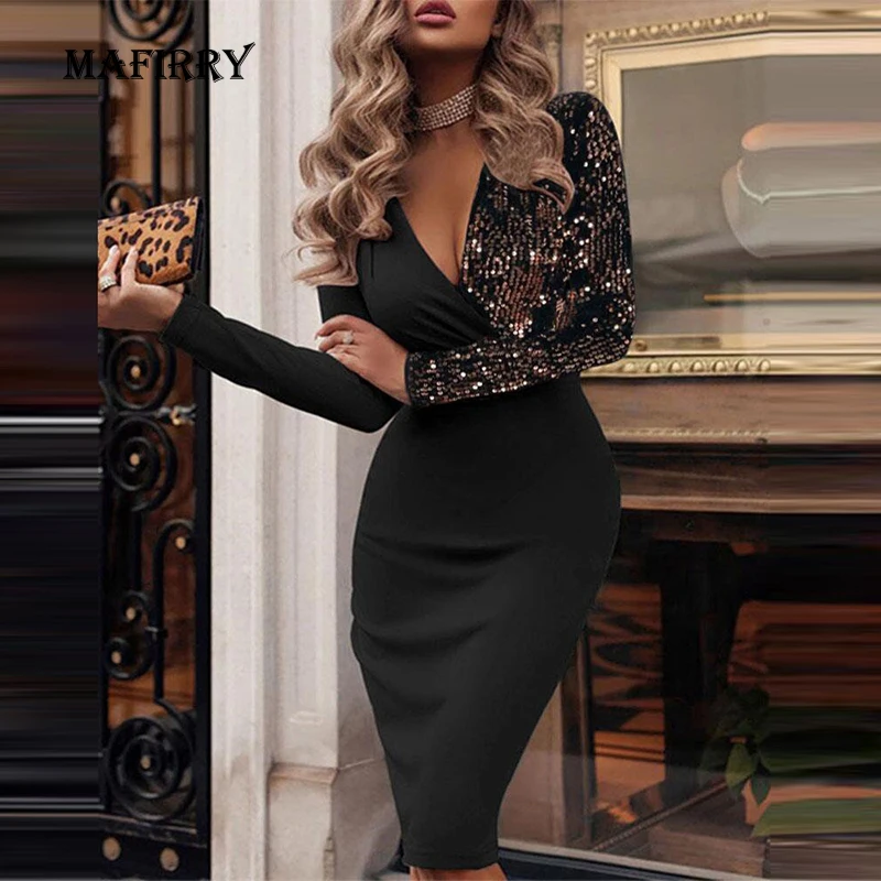 

Office Women Chic Slim Sequins Dress Female Autumn Winter Long Sleeve Street Wear Dress England Style V Neck Print Bodycon Dress