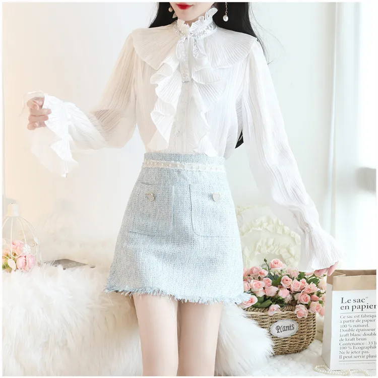 

Photo Shoot Autumn New Style Two-Piece Set Long Sleeve Flounced Joint Bandage Cloth Tops + Sheath Half-length Skirt