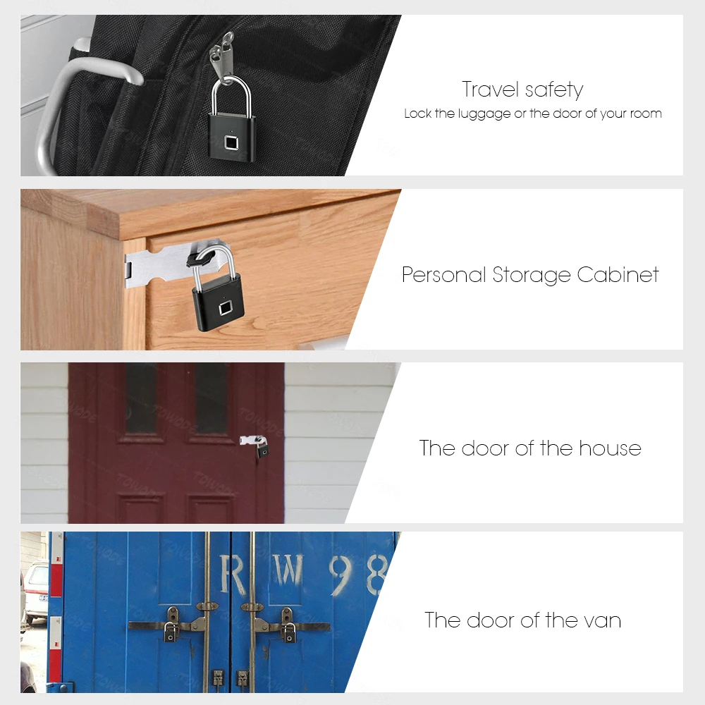 Towode 1/2Pcs Keyless USB Rechargeable Door Lock Fingerprint Smart Padlock Quick Unlock Zinc alloy Metal Self Developing Chip