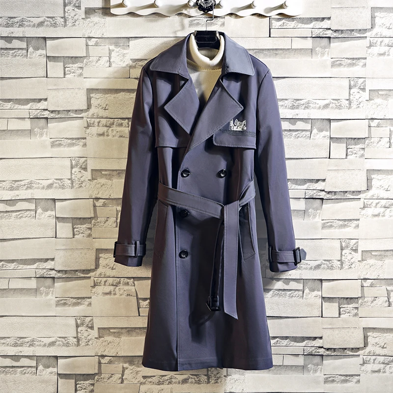 Двубортный Тренч, пальто для мужчин, длинное пальто, Мужская одежда, весна-осень, приталенное пальто с длинным рукавом, дизайн размера плюс - Цвет: Серый
