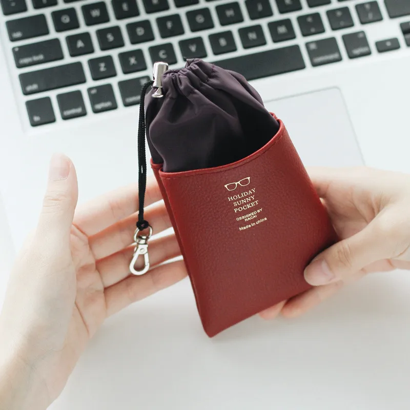 wine red Новые стильные кожаные пришитые очки, сумки для хранения, унисекс, портативные солнечные очки, Карманные очки с завязками, очки, аксессуары - Color: wine red