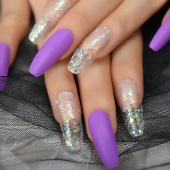 

Matte Extra Long Ballerina False Nails Deep Lavendar Purple Frosted False Nail Mix Holographic Glitter Manicure Tips 48 Count