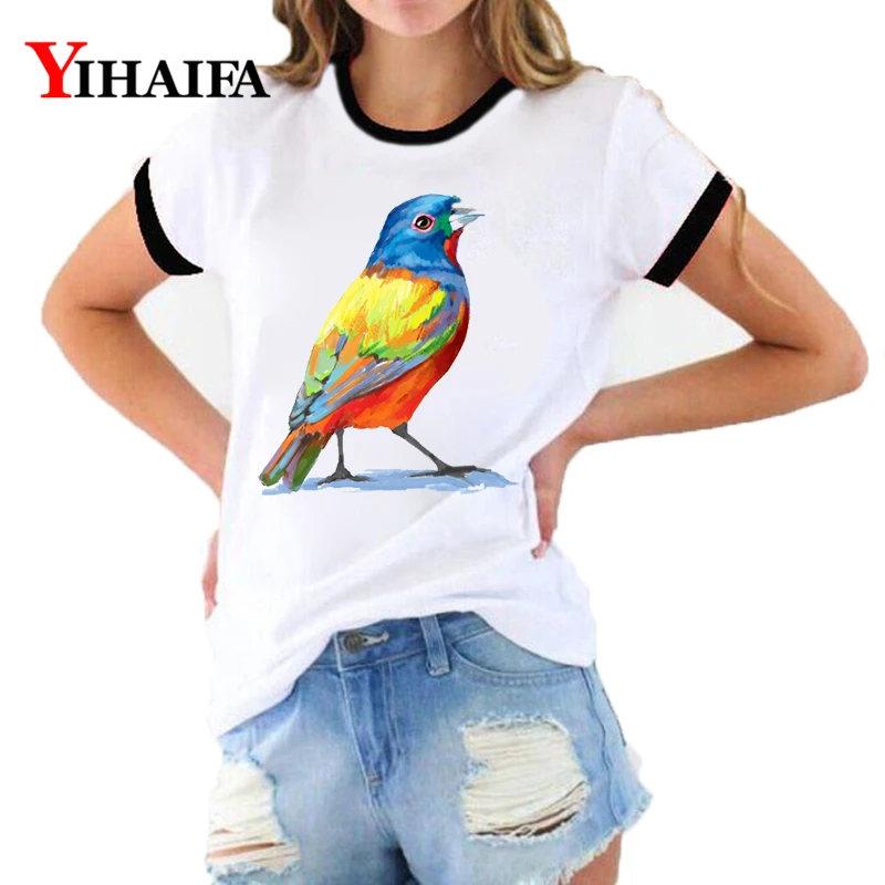 

Women T Shirts Stylish Graphic Tees Colorful Bird Painted 3D Print Summer Short Sleeve Casual White Ropa Mujer Tops