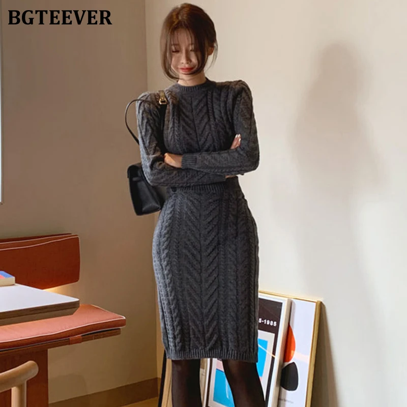 

BGTEEVER Fashion Knitted 2 Pieces Set Women Twisted Pullovers & Bodycon Skirt Female Sweater Set 2019 Winter Sweater Tracksuit