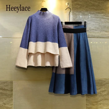 

Large Plus Size knitted suit Women turtleneck Sweater Skirt Suits Pullover+Skirt two piece set Female Autumn Winter warm suit