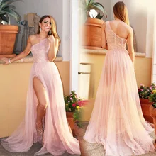 Сверкающие, с блестками платье для выпускного вечера одно плечо розовый Высокий Сплит Тюль развертки поезд вечернее платье без рукавов трапециевидной молнии Vestido De