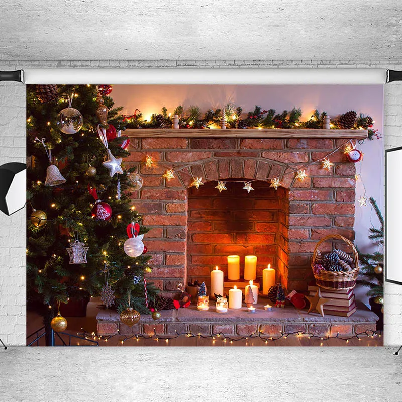 

Christmas Brick Wall Fireplace Photography Backdrops Christmas Decor Tree Candle Gifts Photographic Backdrops For Photo Studio