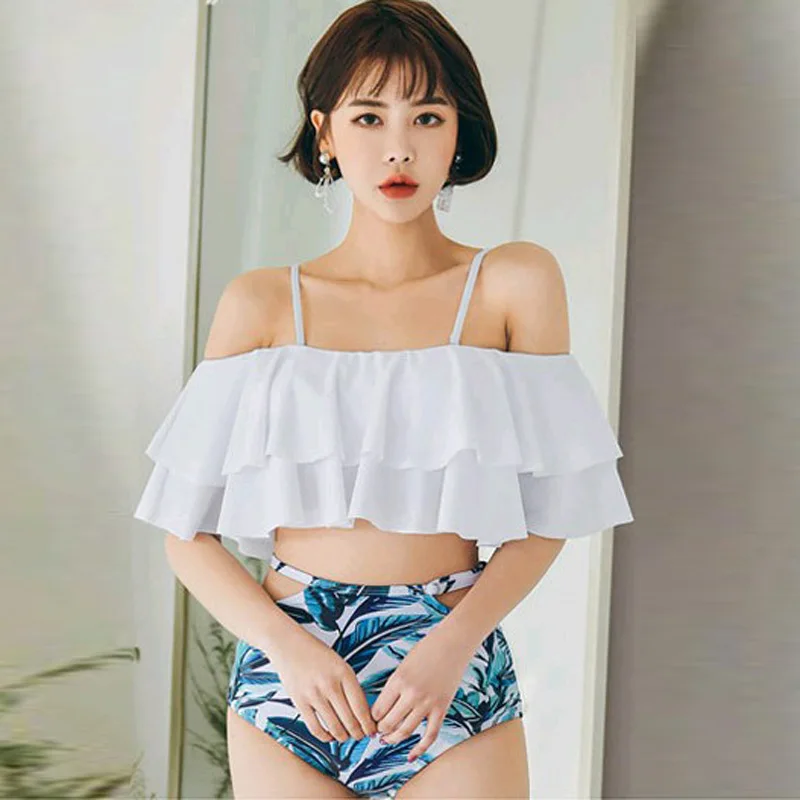 

Students Hipster Vacation Style Flounced Small Bust Underwire Push up Conservative Split Type High-waisted off-Shoulder Swimsuit