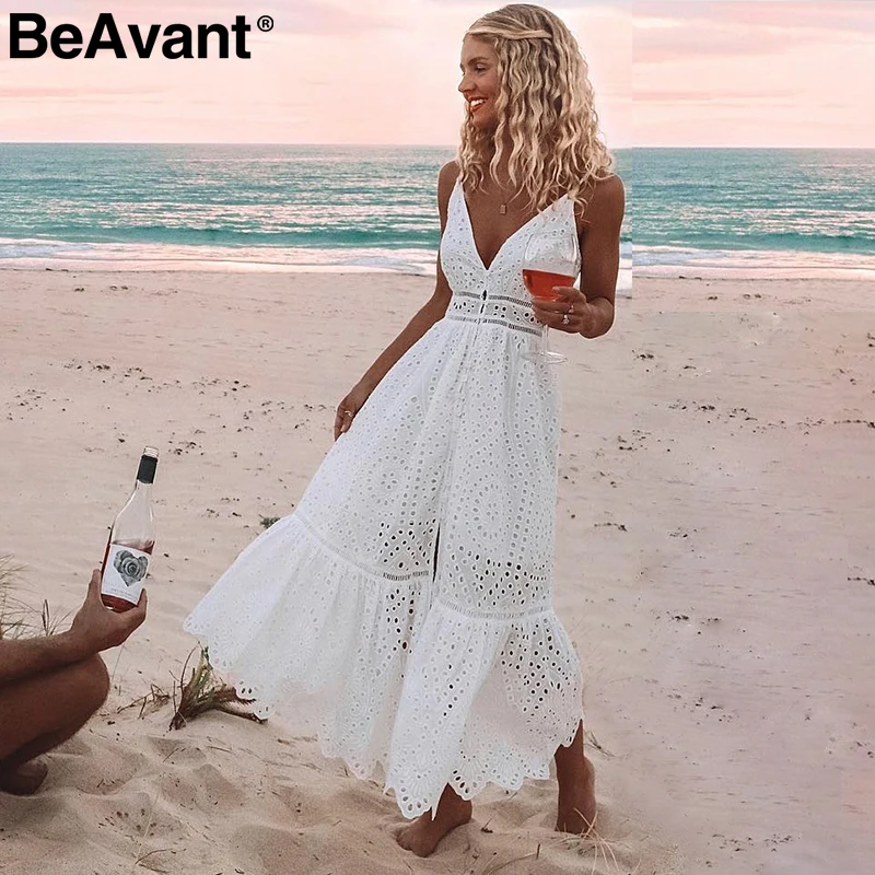 Online BeAvant Del Ricamo di cotone bianco vestito da estate delle donne Sexy scollo a v della cinghia di spaghetti vestito lungo a vita Alta pulsante casual vestito femminile