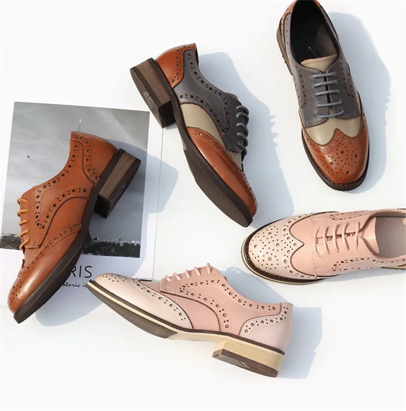British Genuine Leather Female Oxford Shoes College Spring New Thick Heel 3cm Women Brogues Retro Carved Single Shoes Large Size (11)