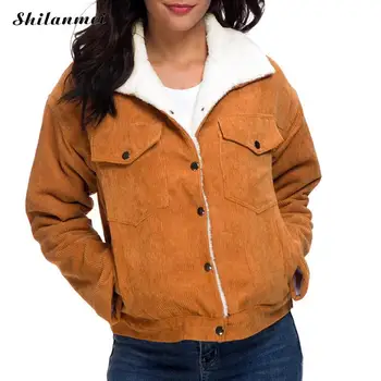 

Casual Warm Female Outerwear Coat Berber Fleece Corduroy Women Jacket Fleece Plain Dyed Lapel Collar Blouse Femme Tops Casaco