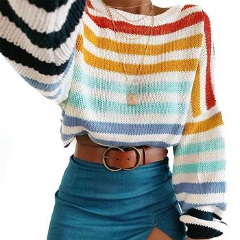 

New Womens Casual Rainbow Striped Long Sleeve Sweater Ladies Knitted Casual Jumper Pullover Tops