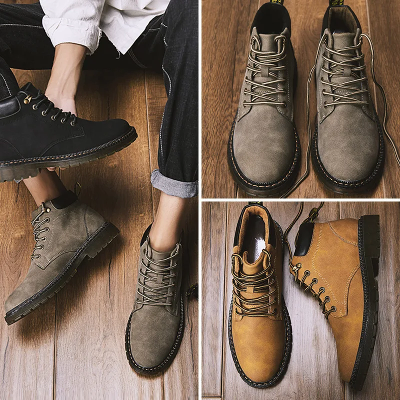

Martin Boots Men's Mid-top British Style Retro chao pi Work Shoes Autumn Versatile Trend Hight-top Lace-up Chinese Rhubarb Boots