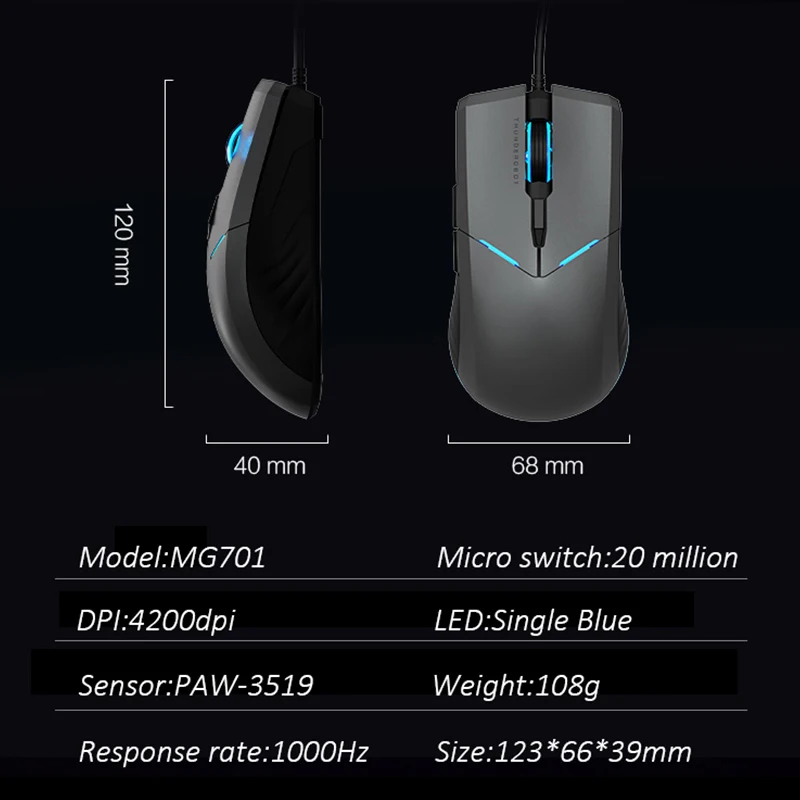 Thunderobot Wired Gaming Mouse Óptico Mg701 Azul Led Backlight Programável Pele-como Superfície 4200 Dpi Computador Ratos - Imagem 2