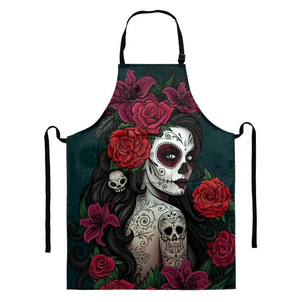 

1 Pcs Drop Ship Kitchen Apron Skull Day of the Dead Gothic Girls Custom Anti-oil Waterproof Women Home Cooking Apron Delantal