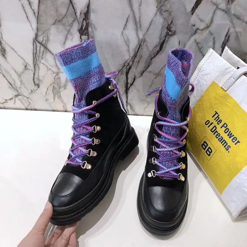 Jady Rose/ г. Новые популярные женские ботильоны короткие ботиночки из натуральной кожи на шнуровке, разноцветные эластичные ботинки Осенняя женская обувь - Цвет: Синий