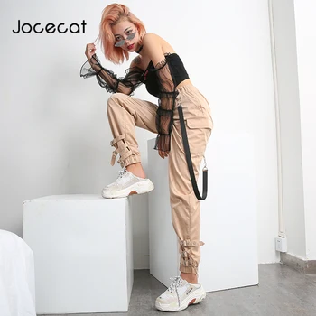 

Harajuku Punk Rock Cargo Long Pants Women Street Style Pantalon Femme Streetwear Khaki Elastic High Waist Harem Pants
