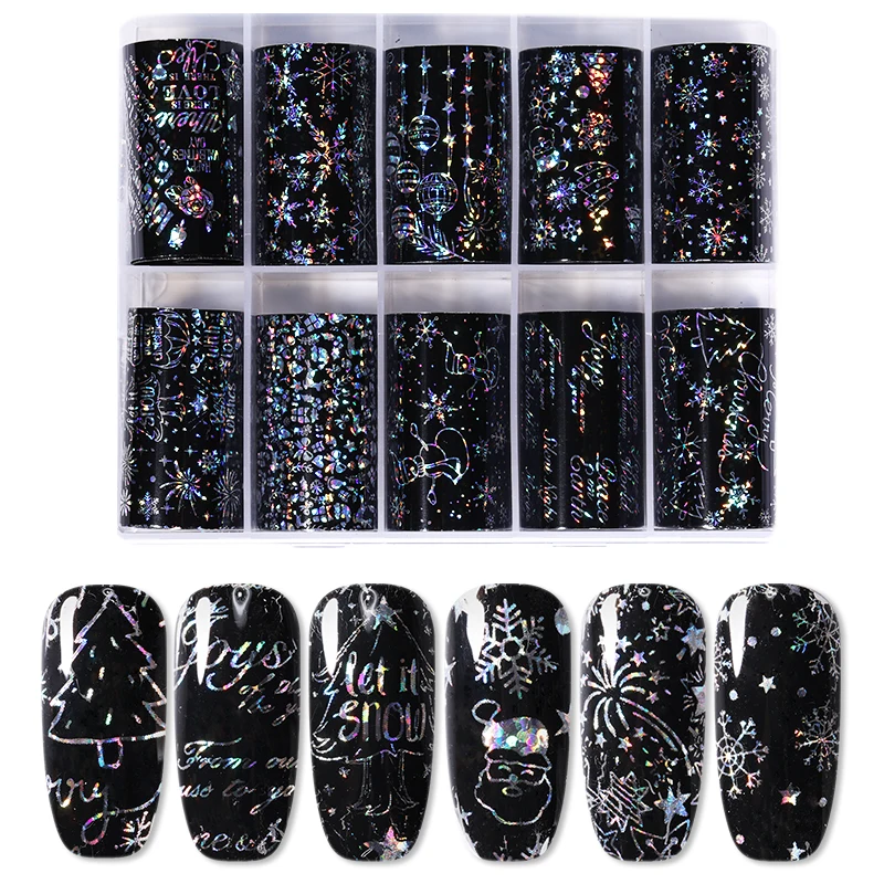 

10 Rolls Halloween Nail Foils Set Holographic Mix Flower Pumpkin Transfer Sticker Decals Christmas Nail Art Accessories Random