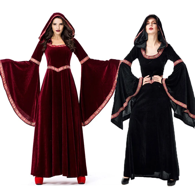 Vestido de bruja gótica para mujer, traje Medieval con capucha para Cosplay  de Halloween, vestidos medievales para mujer, vestido Vintage de fiesta  negro - AliExpress