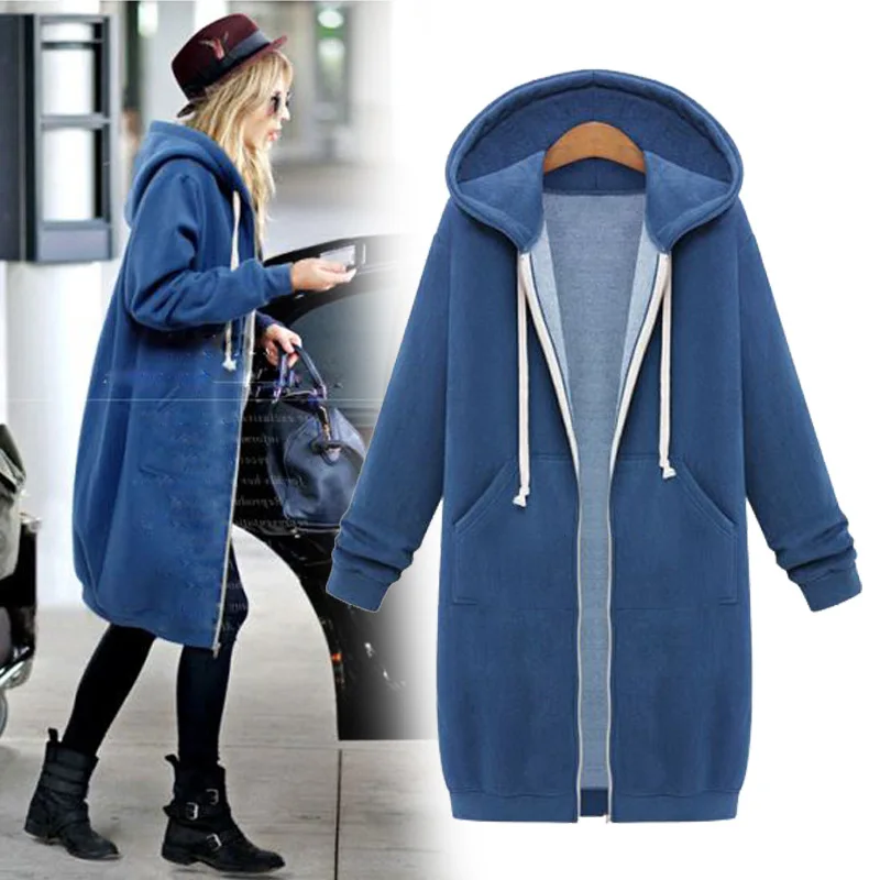 Dark blue Высокое качество, Женская Повседневная Длинная куртка на молнии с капюшоном, толстовка, винтажная уличная одежда размера плюс, верхняя одежда, пальто с капюшоном, одежда - Цвет: Dark blue