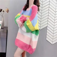 

Autumn and winter new round neck knitted Pullover Sweater color contrast stripe Lantern Sleeve fashion loose long sweater