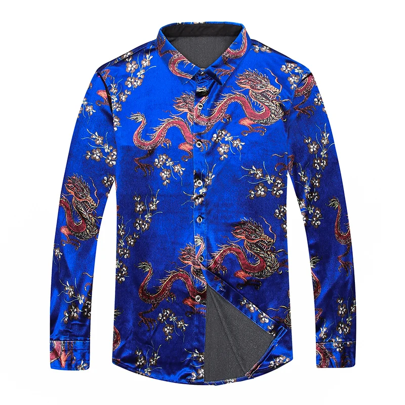 Высокое качество Мода Slim Fit золотистое бархатное платье рубашка для мужчин Китай Дракон печати длинный рукав мужские платья рубашки
