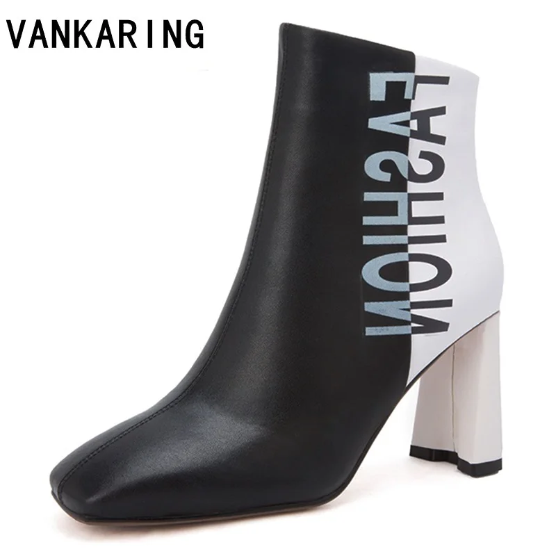 

new fashion print leather women's boots sexy pointed toe high heels platform ankle boots for women black white heels shoes lady