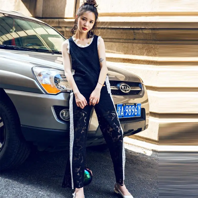 

2017 Summer New Style South Korea Retro Slim Fit Slimming Black And White Lace Joint Elastic Two-Piece Set Women's