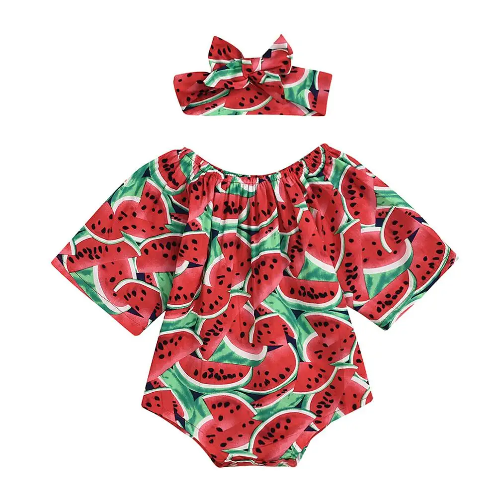 

Летний милый комбинезон для новорожденных девочек 2 шт., без рукавов, с принтом арбуза, с повязкой на голову, боди, наряды, 0-24 мес.