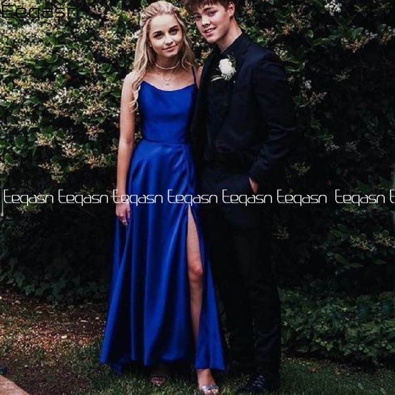 Sexy High Slit Blue Cheap Prom Gowns Evening Formal Dress with Cross Back Satin Pageant Party Dresses Custom