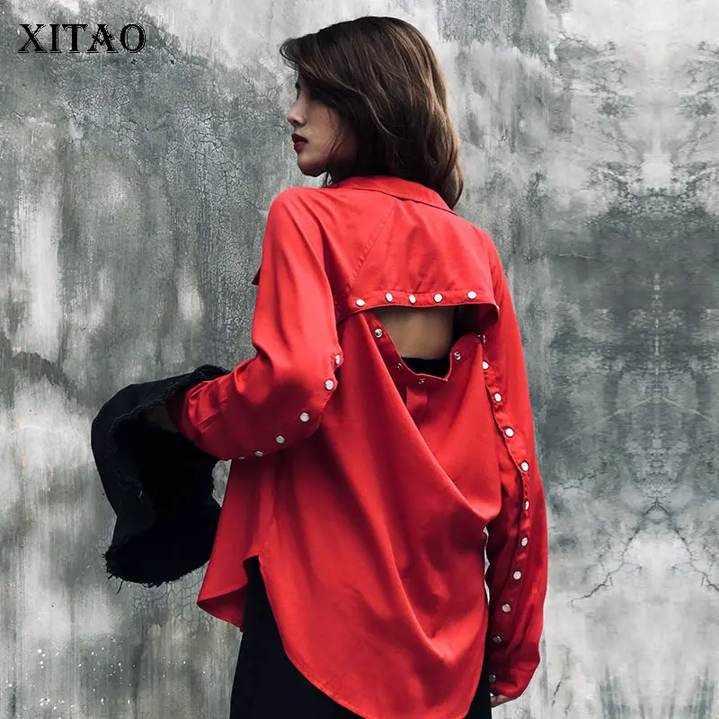 

XITAO Red Backless Blouse Women Fashion New 2019 Autumn Single Breast Pocket Elegant Straight Minority Style Shirt WLD2639