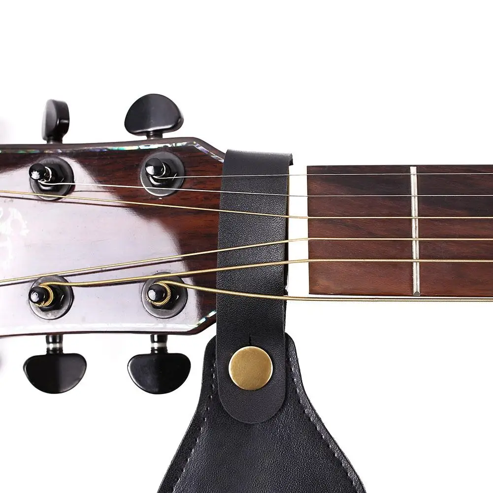 Leather Guitar Strap with Headstock Button Lock and Metal Fastener