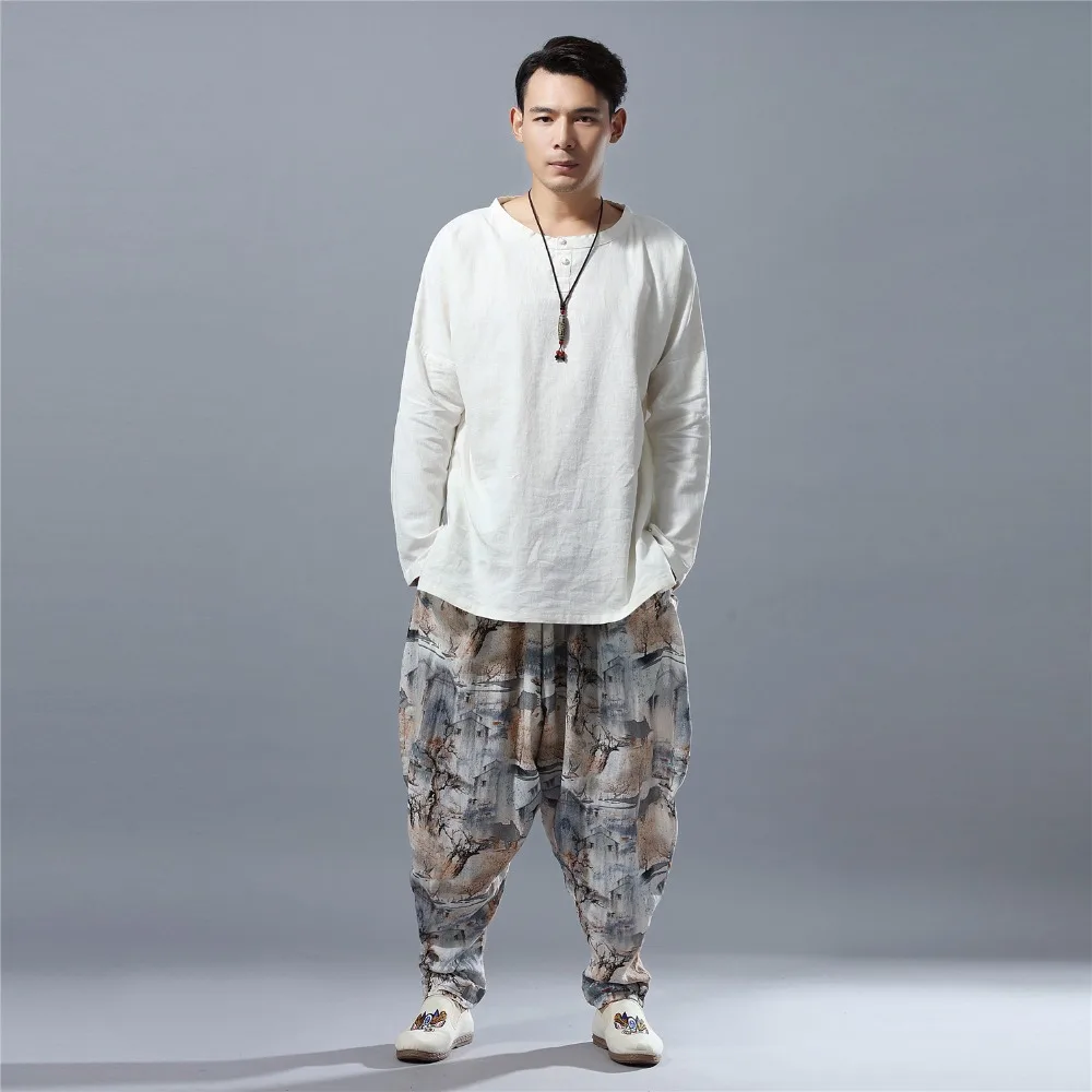Landscape Painting Linen Pants India Nepal Pattern Cotton Linen Trousers Men Soft Natural Flax Pants Elastic Waist Comfortable