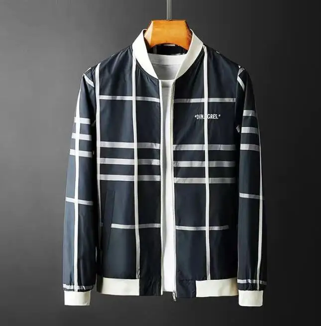 Casual Mens Outfit One Piece Striped Jacket Handsome Coat Zipper Plus Size Plaid Baseball Uniform