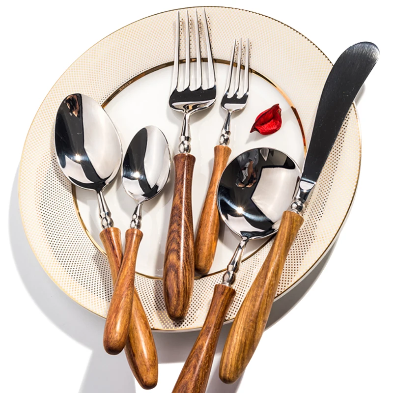 Wood Handle Dinnerware Set Stainless Steel Tableware Set Knife Fork