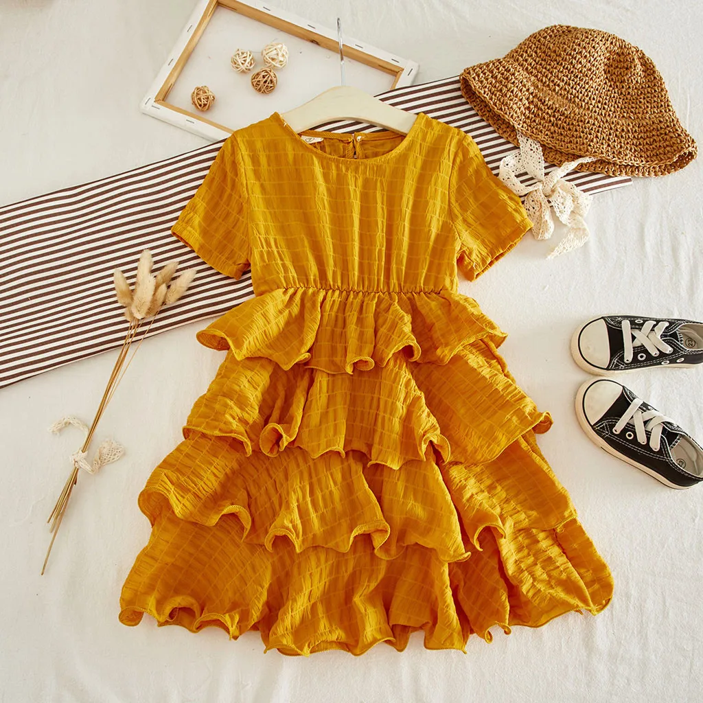 

Girls cupcake dress 1-6Y Children's Short Sleeve Solid Color Multi Layer Cake Dress enjoy Birthday party The brightest clothes