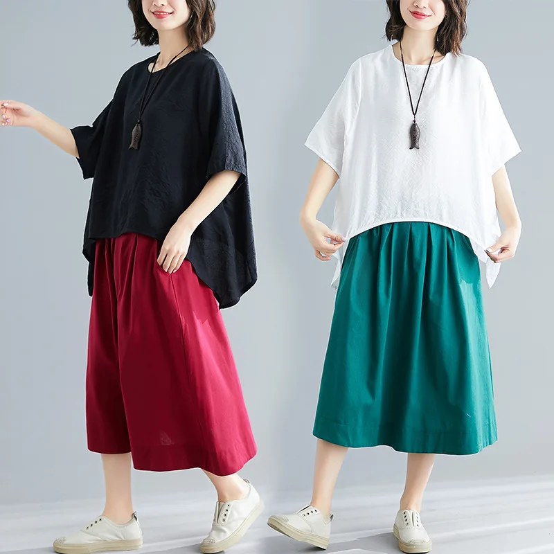 

2019 Spring And Summer New Style Mid-length Casual Fat Mm Loose And Plus-sized Cotton Linen Two-Piece Dress Flax WOMEN'S Suit