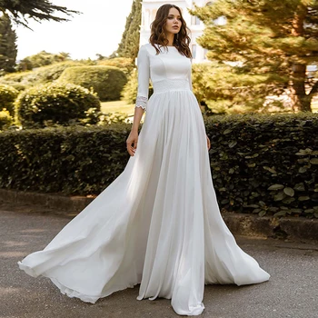 

Modest Satin and Chiffon Bridal Gowns 2020 Elegant Three Quarter Sleeve O-neck A-line Wedding Dress Custom Made