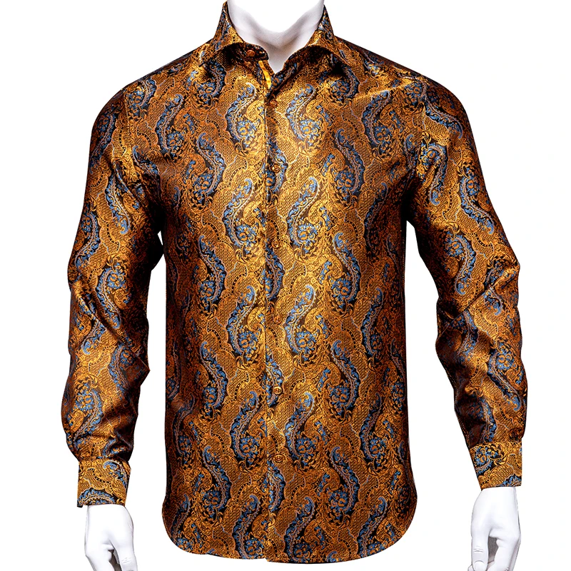 Hi-Tie-Gold-Paisley-Men-s-Shirts-Floral-Silk-Red-Long-Sleeve-Casual ...