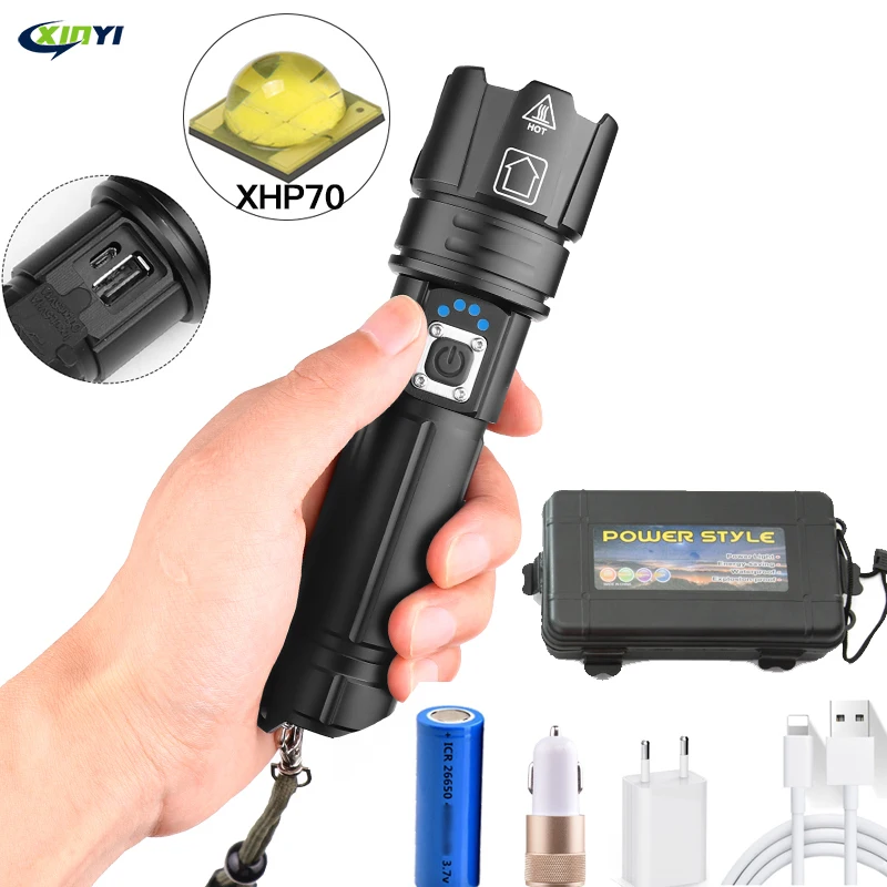 

80000LM Powerful Led Flashlight XHP70 flashlight USB charging Zoom led torch lanter 1*26650 battery For Camping cycling Lamp